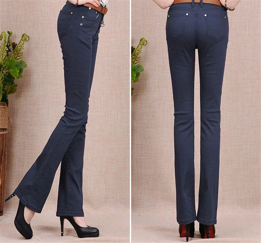 Women's White 80% Cotton Flare Denim Pants Mom's Fomal Skinny Stretch Jeans Trend Candy Color Slim Cowboy Trousers OL Pantalones