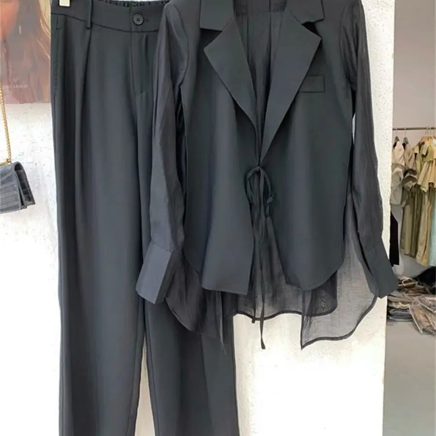 Summer New Hollow Sun Protection Chiffon Shirt Blazer Wide Leg Pants Two Piece Set Elegant Women's Pants Set Office Outfits - Seprincess