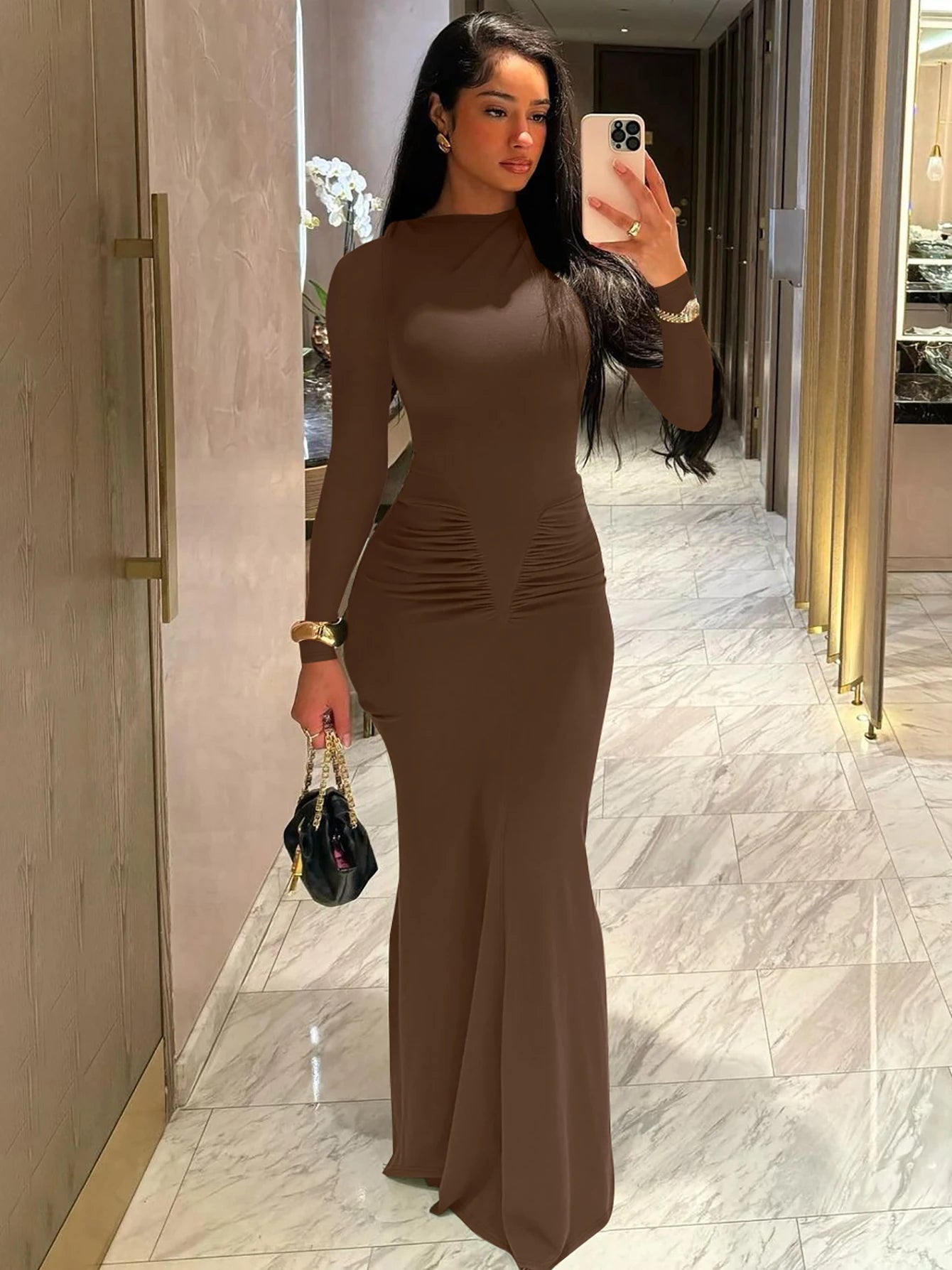 Hugcitar 2024 Autumn Solid Long Sleeve Draped Sexy Bodycon Maxi Prom Dress Women Fashion Y2K Outfits Evening Party Festival - Seprincess