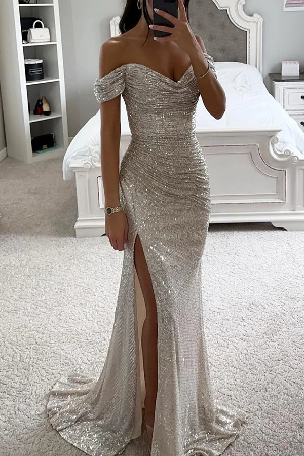 2024 New Party Dresses Sequins One Neck Split Casual Fashion Dresses for Female Long Dresses Women's Clothing Vestidos Largos - Seprincess