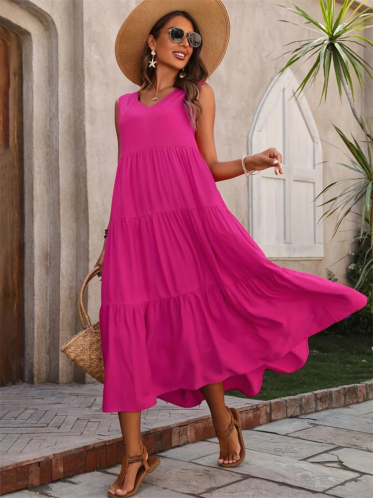 Y.KUKU 2024 Women Dress Summer Casual Brand Vacation Holiday Beach Long Dresses V-neck Loose Elegant Yellow Dress Femme - Seprincess