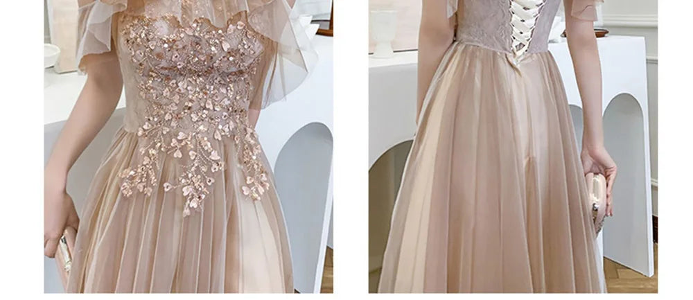 4 styles Champagne Pink Bridesmaid Dress Women's Elegant Off Shoulder Ruffles Sleeves Gown Sequins Flower Applique Vestido