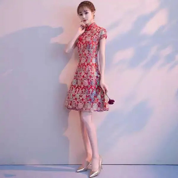 New model 2024 Womens Dress Fashion Chinese Style Elegant Long Qipao Luxury Wedding Robe Red Lace Bride Party Cheongsam Oriental - Seprincess