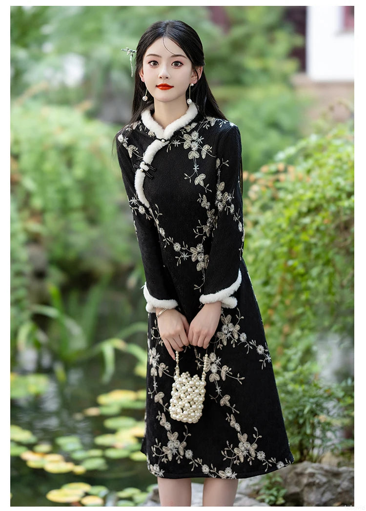 Fashion Chinese Style Traditional Fleece Thick Qipao Dress Winter New Printed Black Cheongsam for Women - Seprincess