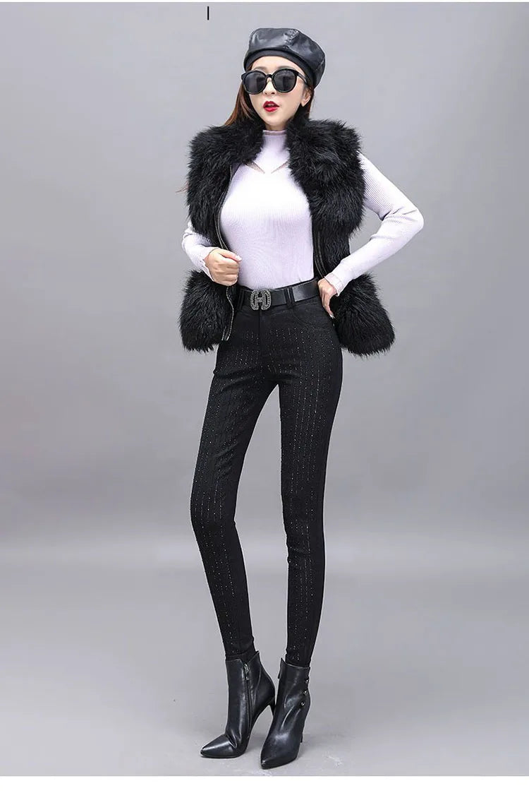 Rhinestone Black Denim Pencil Pants Women's Jeans Autumn New European Elastic Slim Fit High Waisted Strech Jean Pants for Women