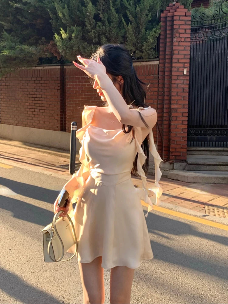 Elegant Sleeveless Satin Mini Dress Women 2023 Summer Korean Short Design Spaghetti Strap Vintage Fairy Sweet Female Clothing - Seprincess