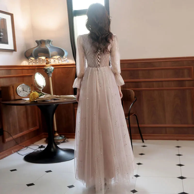 2022 New 4 Styles Bridesmaid Dress Bow Retro Elegant Long-sleeved Chic Temperament Long Evening Dress For Wedding Women Guest - Seprincess