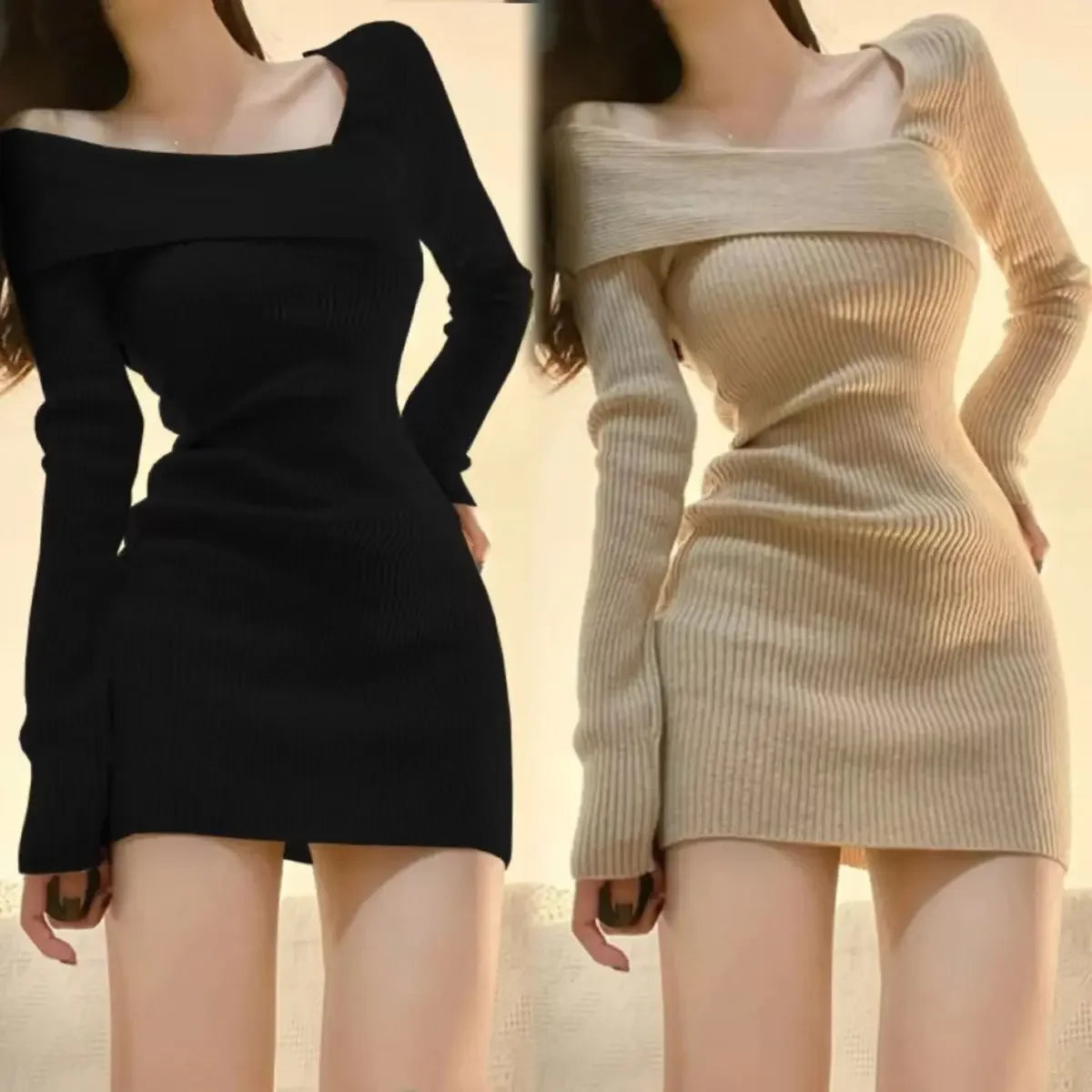 Korean Style Mini Knitted One-piece Dress Women Coquette Sexy Long Sleeve Tunic Cabaret Dresses Khaki Winter Clothes - Seprincess