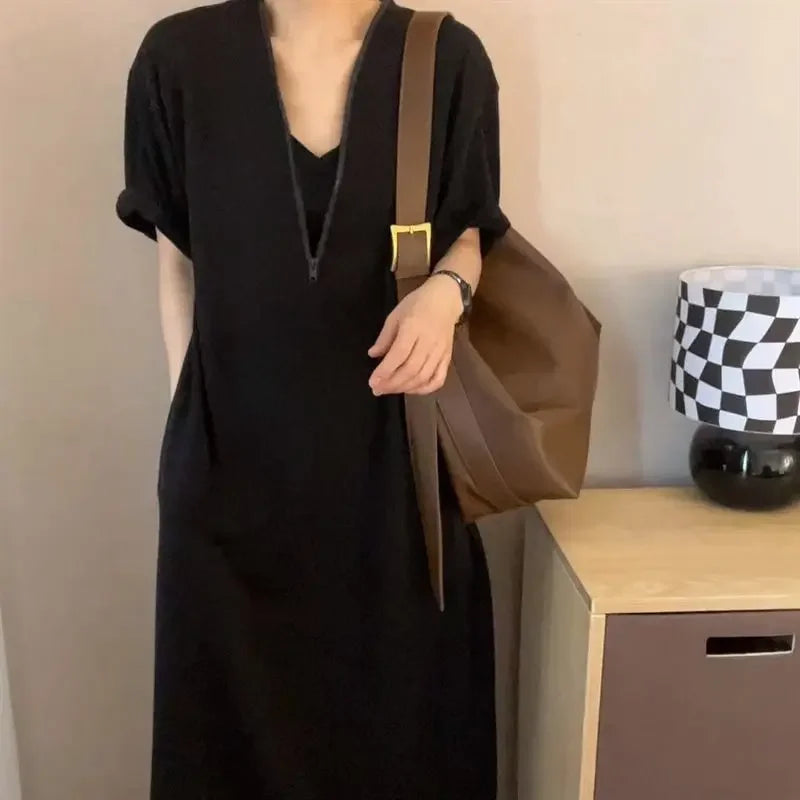 Summer Trendy Textured Oversized Black Casual Hooded Dresses for Women Streetwear Half Zipper Short Sleeve Beach Dress - Seprincess