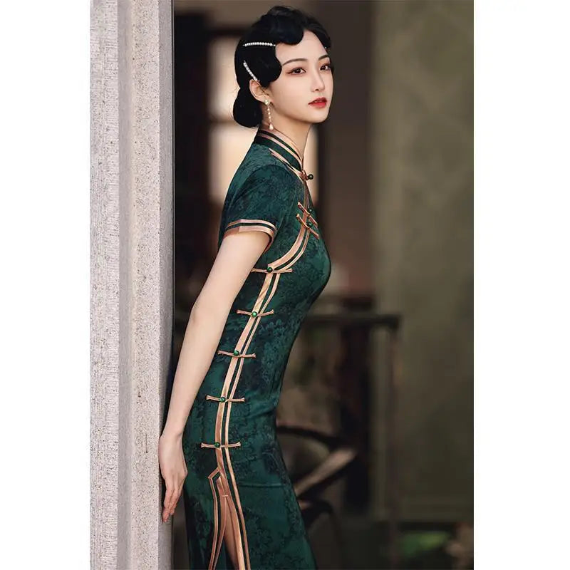 Chinese Vintage Cheongsam Republican Dark Green Improved Retro  Elegant Slim Long Dress Qipao Traditional Clothing for Women - Seprincess