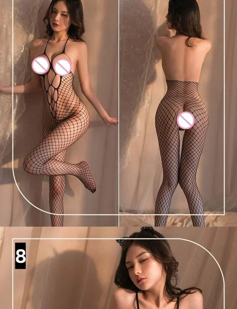 Sexy Lingerie Fishnet Bodysuit Hollow Out Erotic Teddies Open Crotch Mesh Body Stockings Porno Underwear Costumes for Women Lady