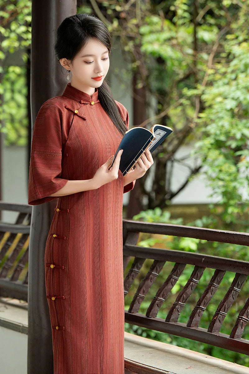 Sexy Red Blue Traditional Dresses Cheongsam Womens Qipao Stripe Stand Collar Robe Orientale Girl Dress Plus Size 23621 - Seprincess