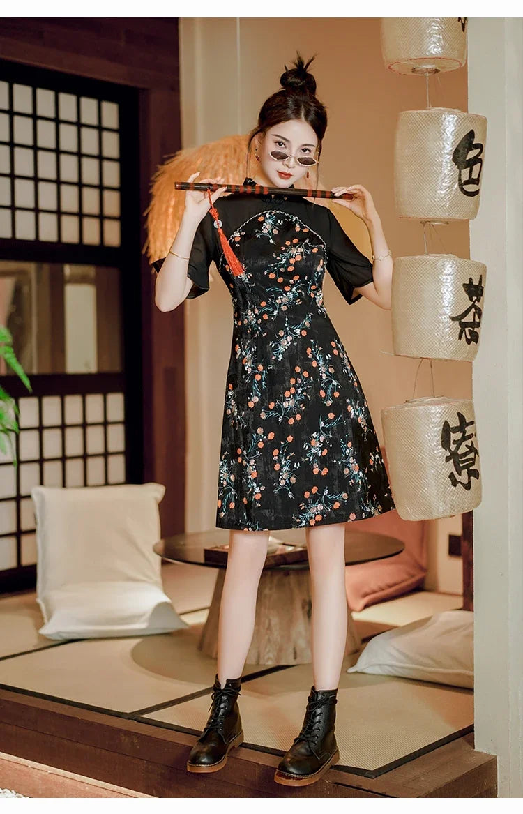 Modern Improved New Traditional Chinese Short Sleeve Cheongsam Sexy Black Floral Stitching Qipao Dress - Seprincess