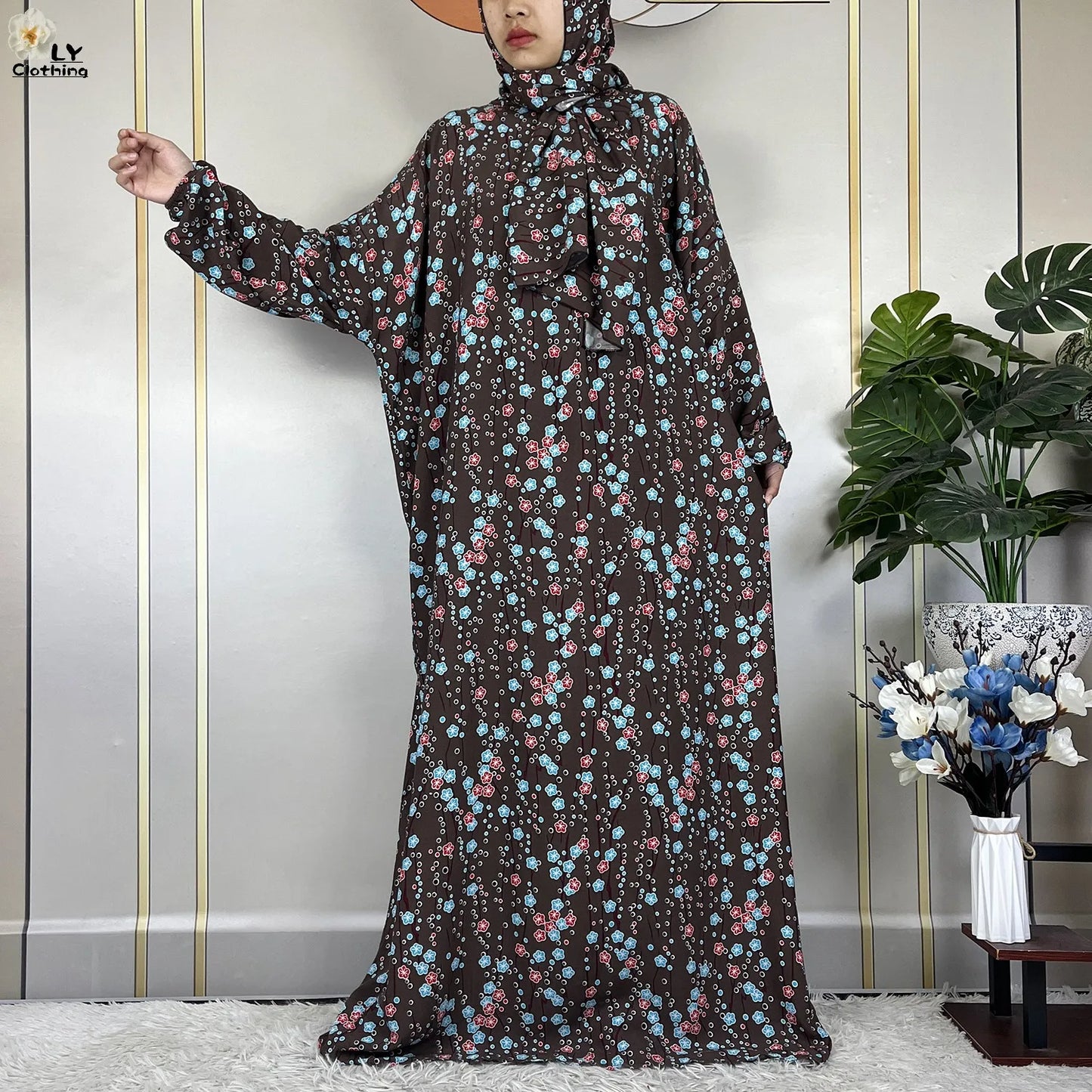 2024Latest Muslim Abayas For Women Ramadan Prayer Maxi Dubai Turkey Femme Cotton Robe Floral Loose African Dress Turban Attached