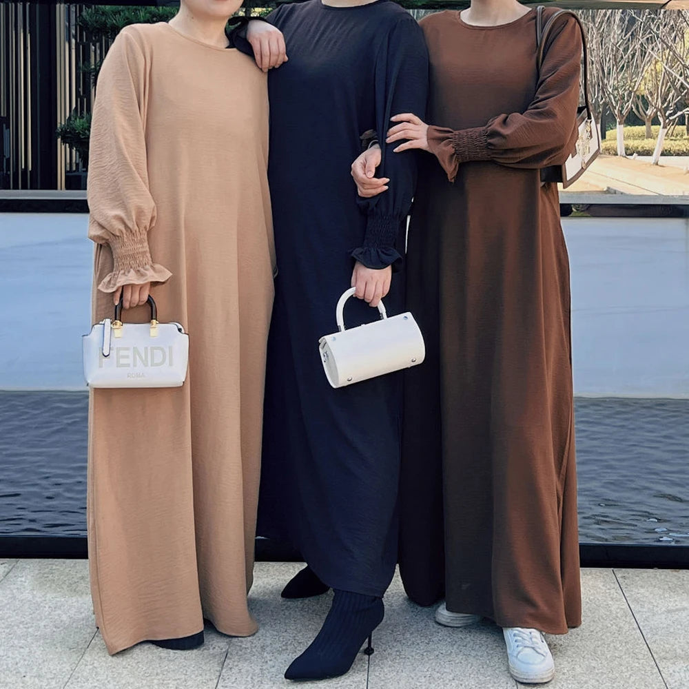 Under Abaya Inner Long Slip Dress Solid Color Smocked Cuffs Islamic Clothing Muslim Woman Casual Dubai Turk Modest Hijabi Robe - Seprincess