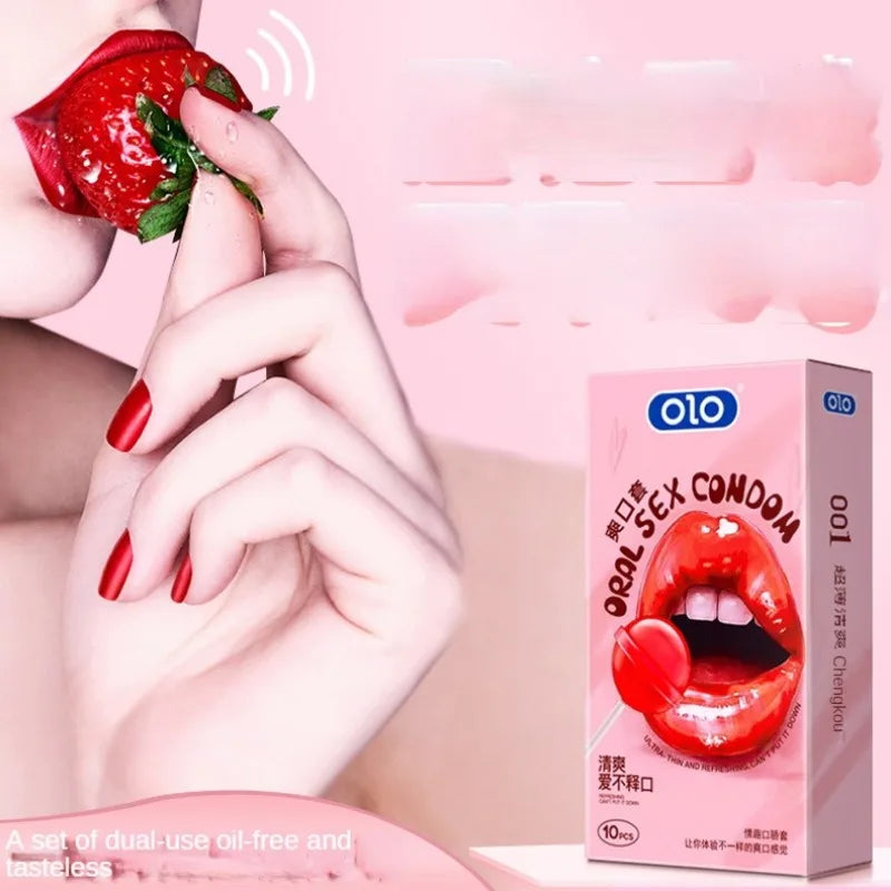 OLO 10Pcs Oral Sex Condoms with Strawberry Taste Safe Sex Penis Sleeve Condom Intimate Goods Tongue Sex Lick Dick Toys for Adult - Seprincess