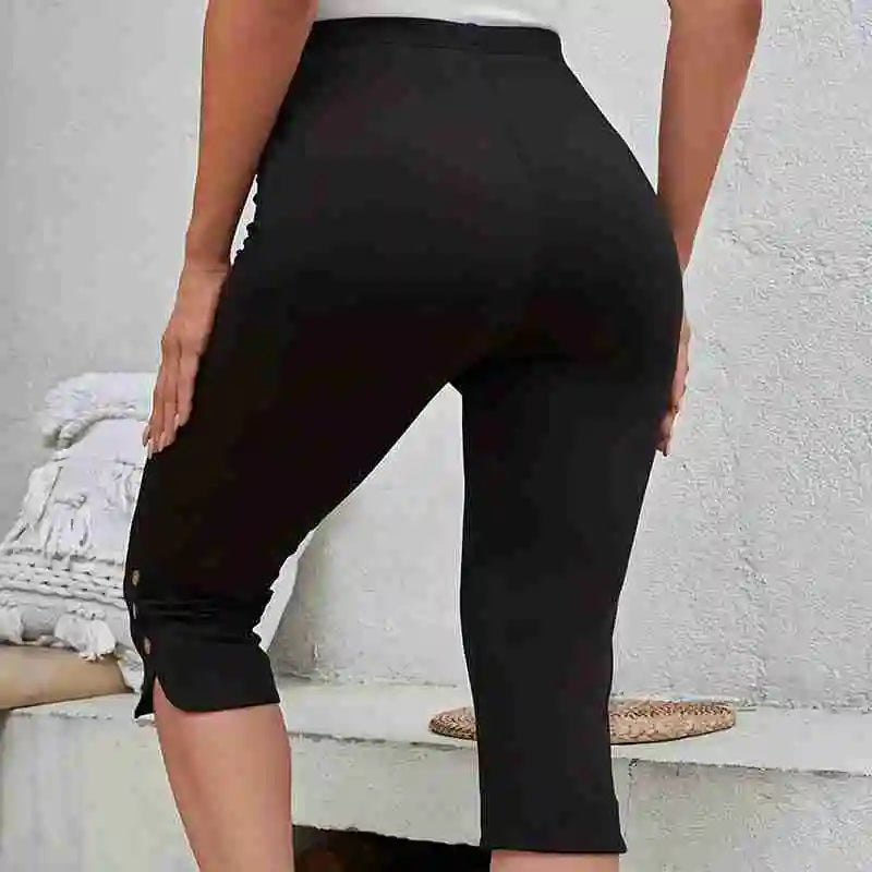 Women's Fashionable High Waisted Tight Capris Yoga Casual Solid Color Button Side Slit High Waisted Leggings