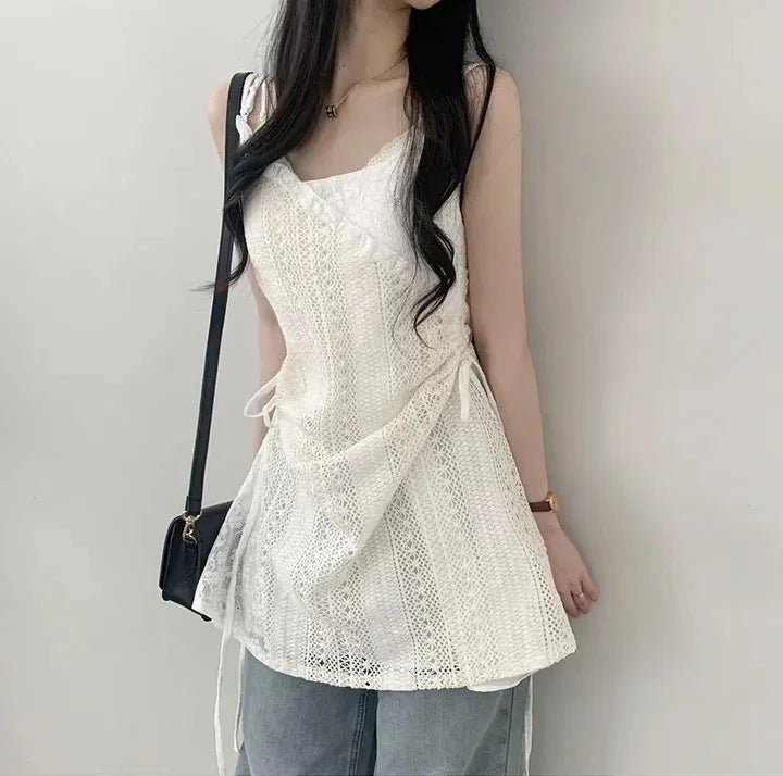 Summer Dress Women Chic French Lace Stitching Sling Shirt Stacked Gauze Knitted Dress Overskirt Inner Wear Base Short Dress - Seprincess