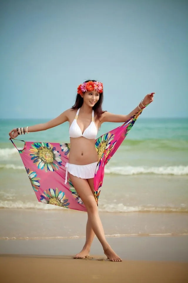 2023 Printed Cover-ups Sexy Beach Dress Women Halter Sling Chiffon Beach Towel Bikini Wrap Pareo Skirts Open-Back Swimwear - Seprincess