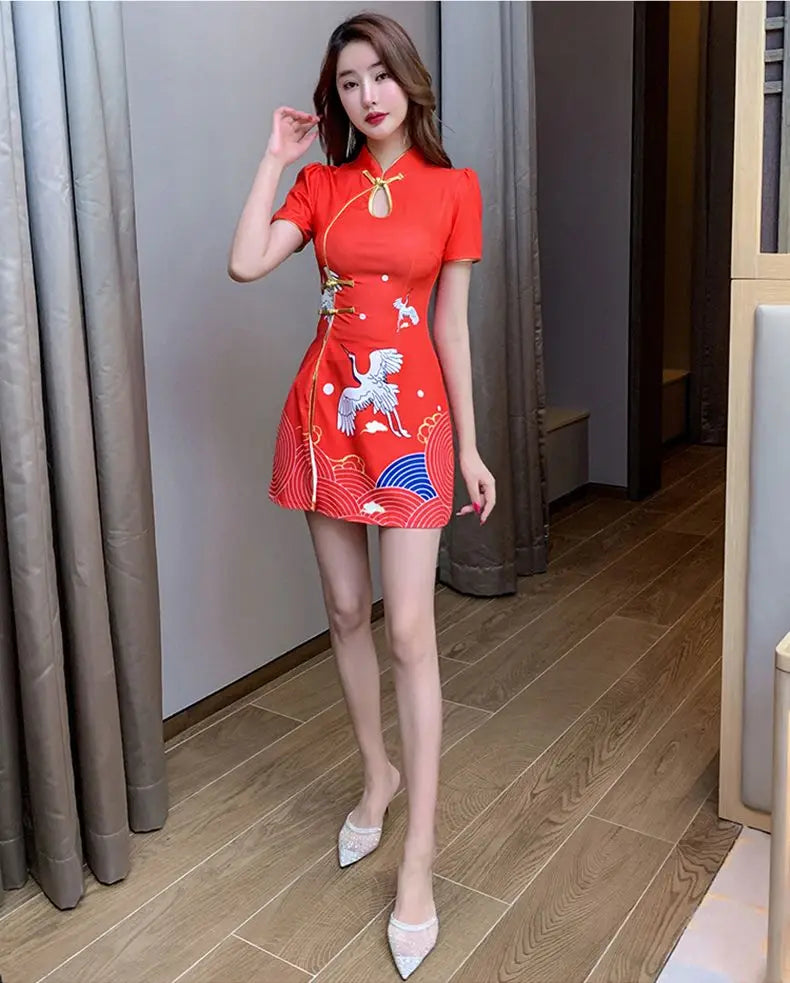 Women Chinese Style Retro Improved Temperament Printing Cheongsam Modern Dress Blue Chinese Qipao Dresses for Women - Seprincess