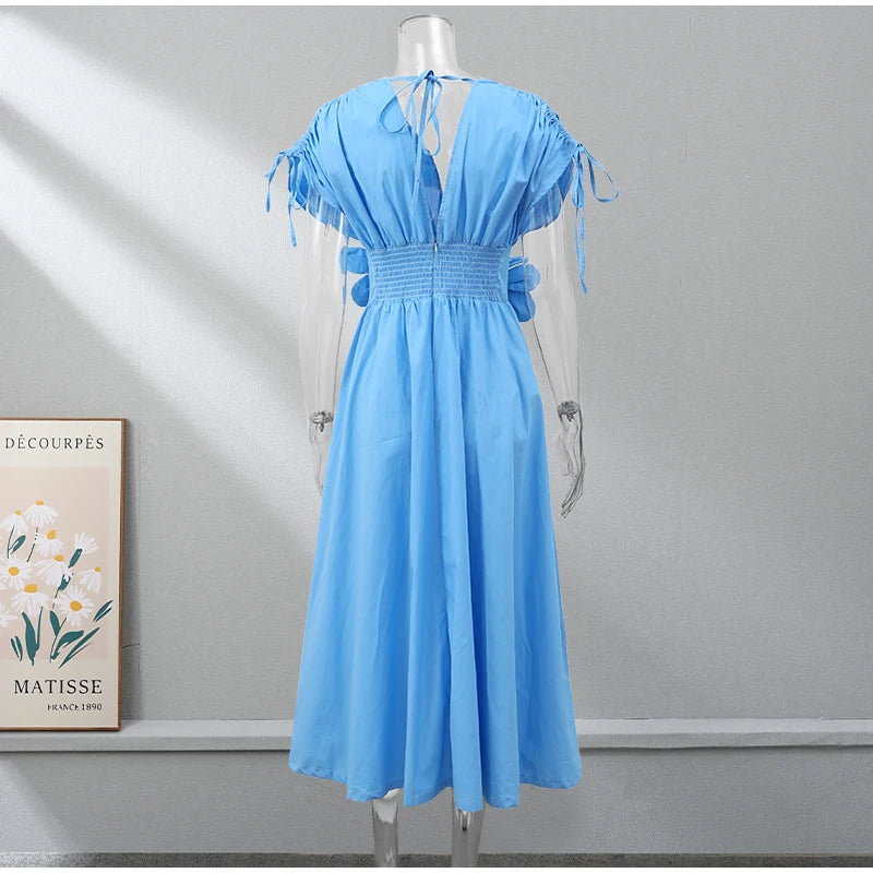 Summer Elegant Pleated Bow V Neck Blue Long Dresses For Women 2024 New Off Shoulder Sleeveless Maxi Dress Ladies Vacation Robe - Seprincess