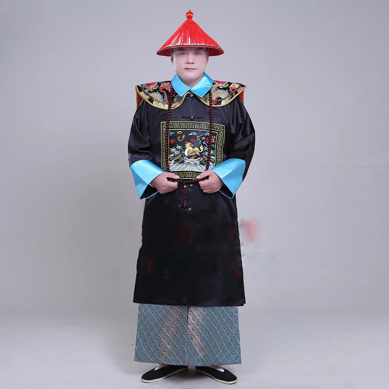 Ancient Black Military Official Civil Official Uniform Qing Dynasty Ancient Clothes Men's Cheongsam Sent Hat Buddha Beads Shawl - Seprincess