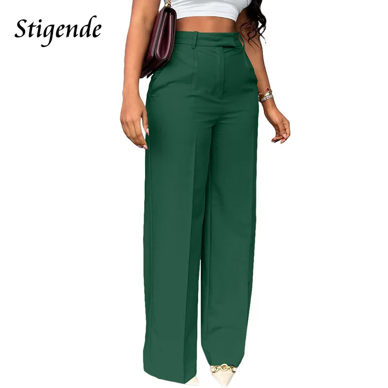 Stigende Wide Leg Straight Dress Pants with Pocket Women Plain Color Business Casual Pants Loose Fit Midi Waist Office Trousers