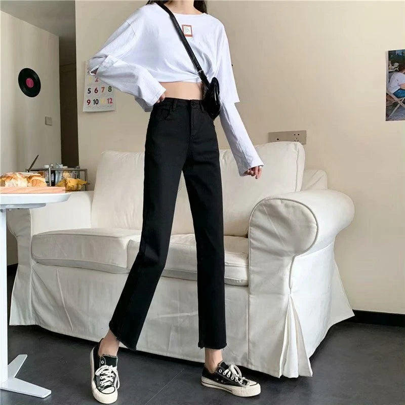 New Stretch All-Match Women Long Pants Black High-Waisted Women's Denim Jeans Straight Classic Trousers Female Raw Edge Slim