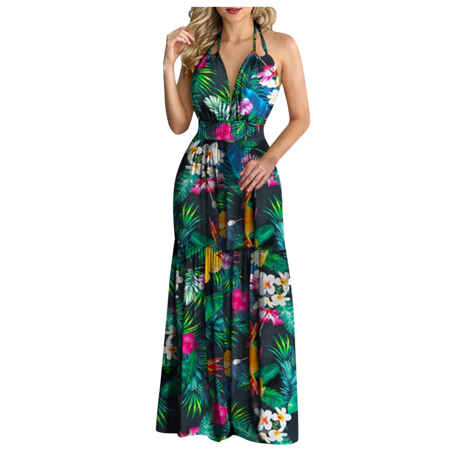 Summer Boho Dress Y2k Cloth Women Floral Print Backless Maxi Dress Elastic Waist Halter V Neck Long Robe Long Dresses Vacation - Seprincess