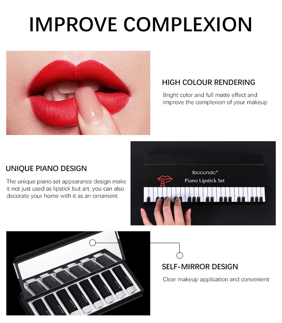 8Pcs/Set Velvet Matte Lipstick Set Long Lasting Waterproof Creative Piano Box Design Nude Red Batom Makeup Cosmetic Gifts - Seprincess