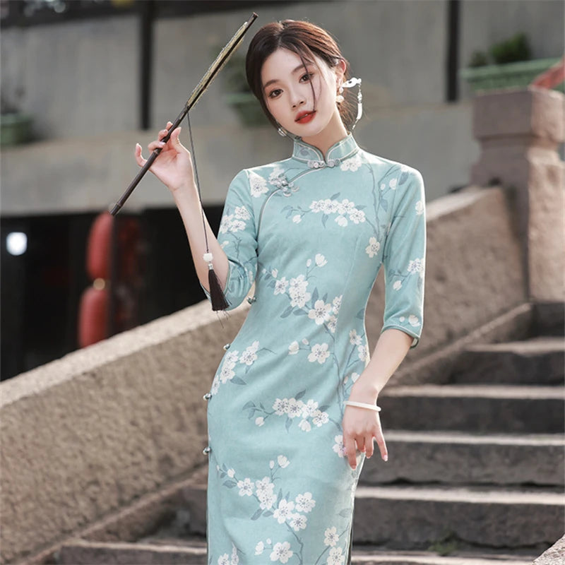 Elegant Print Qipao Chinese Style Costume Suede Fabric Long Cheongsam Stand Collar Mid Sleeve Side Slit Slim Fit Dress for Women - Seprincess