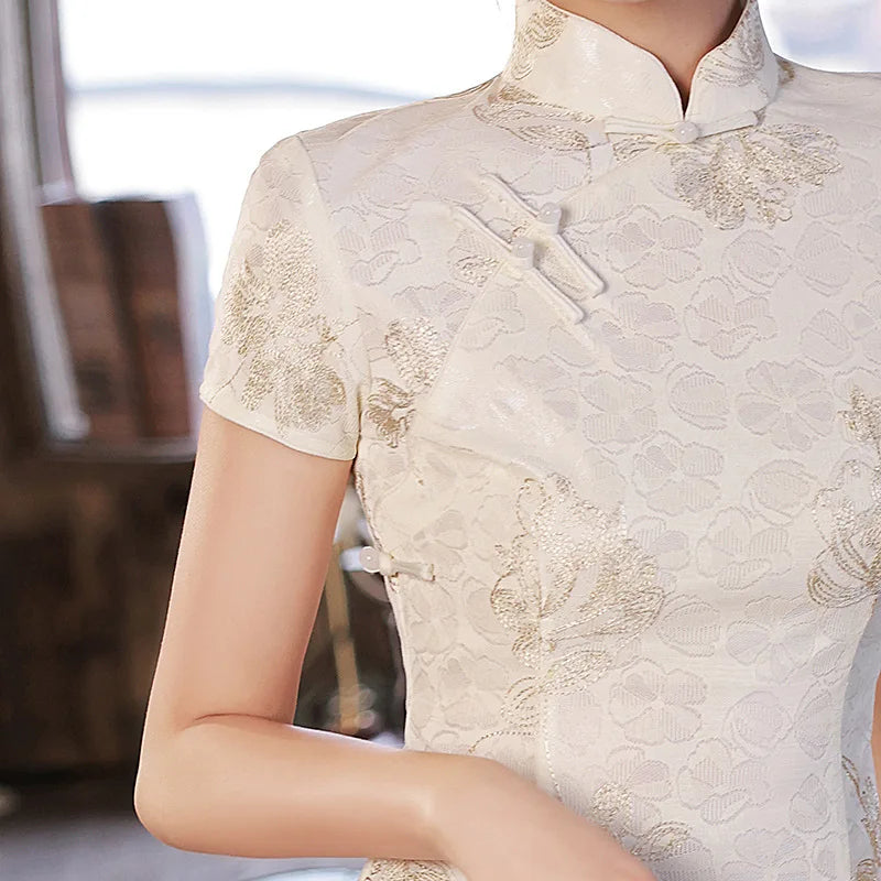 2023 White Lace Cheongsam Women Short Sleeve Traditional Vintage Dress Show Costumes Slim Embroidery Qipao Robe Chinoise Femme - Seprincess