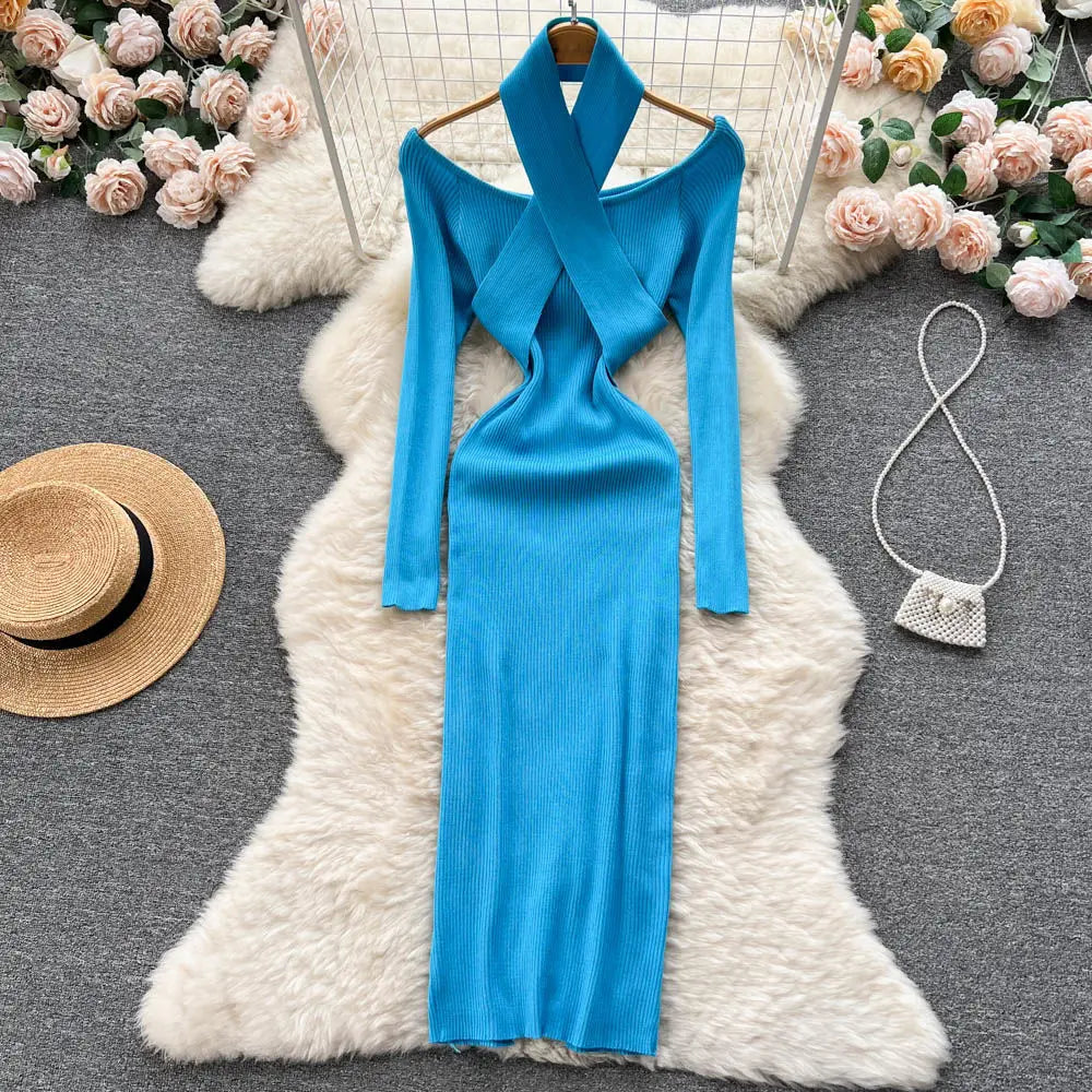 Autumn Winter Women Long Dress Elegant Halter Slim Waist Knitted Bodycon Dress Korean Office Lady Sweater Dresses Vestidos - Seprincess