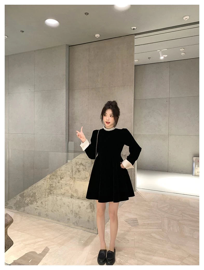 2024 Sweet Woman Party Dresses Korean Vintage Velvet Black Dress Patchwork Robe Elegant Clothes All Match Pearl Vestidos Mujer - Seprincess