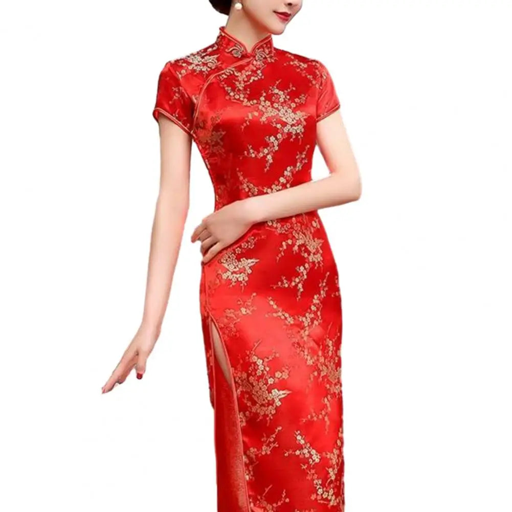 Retro Style Cheongsam Dress Elegant Chinese National Style Floral Embroidery Cheongsam Dress with Stand for Summer for Women - Seprincess