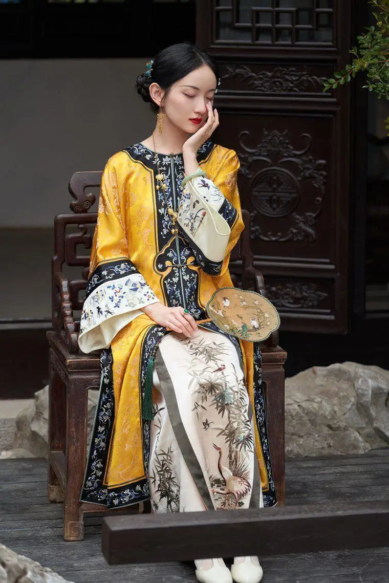 Qing Dynasty Satin Yellow Printed Cheongsam Cloak Chinese Vintage Heavy Industry Horse Face Skirt Original  Qipao Dress Modern - Seprincess