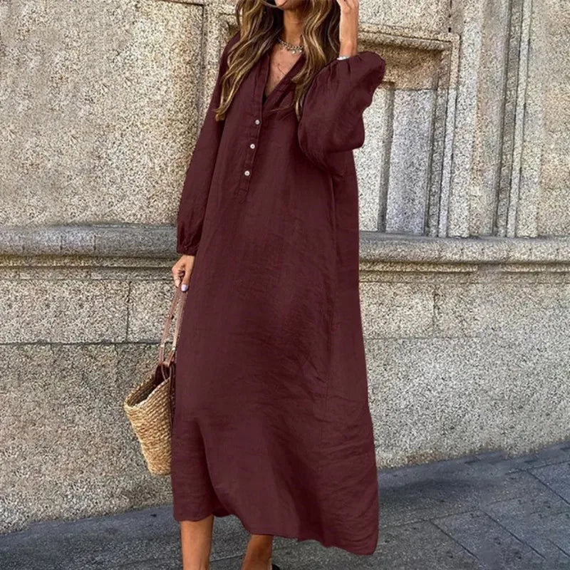 Women's Autumn New Cotton Linen Solid Color Long Sleeved Sexy V-neck Fashionable Button Long Casual Loose Comfortable Dress - Seprincess