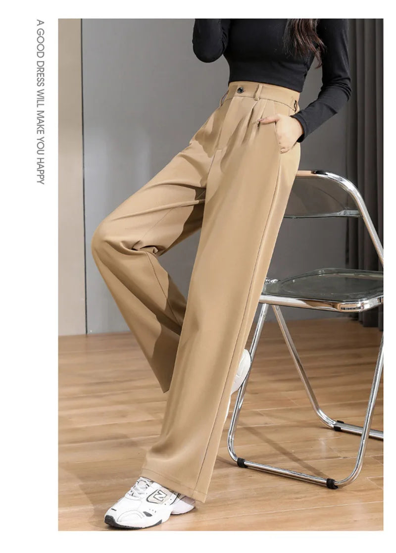 Women Chic Office Wear Straight Pants Vintage High Ladies Trousers Baggy Korean 2024 Spring/Summer/Autumn Wide Leg Female