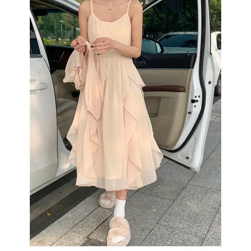 2024 Summer New Women's Ruffle Edge Tank Dress Long Sleeve Sun Protection Cardigan 2-piece Set Soft Fairy-like Design - Seprincess