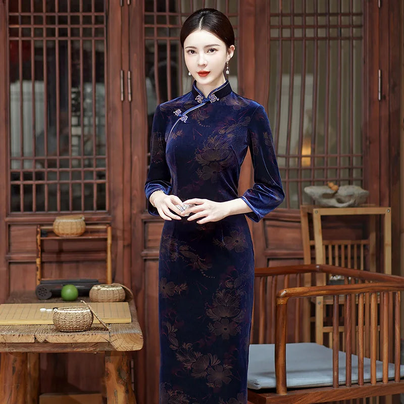 Women Flocking Cheongsam Improved Winter Plus Size Dress Chinese Style Evening Dresses Show Long Qipao Costume 4 Color - Seprincess