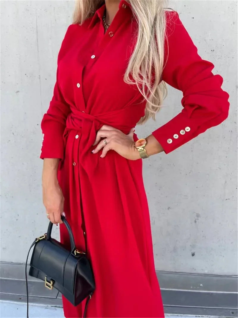 2024 Solid Long Sleeve Shirt Dress Women Lace up Single Breasted Beach Maxi Party Dresses Turn-down Collar Split Sash Vestidos - Seprincess