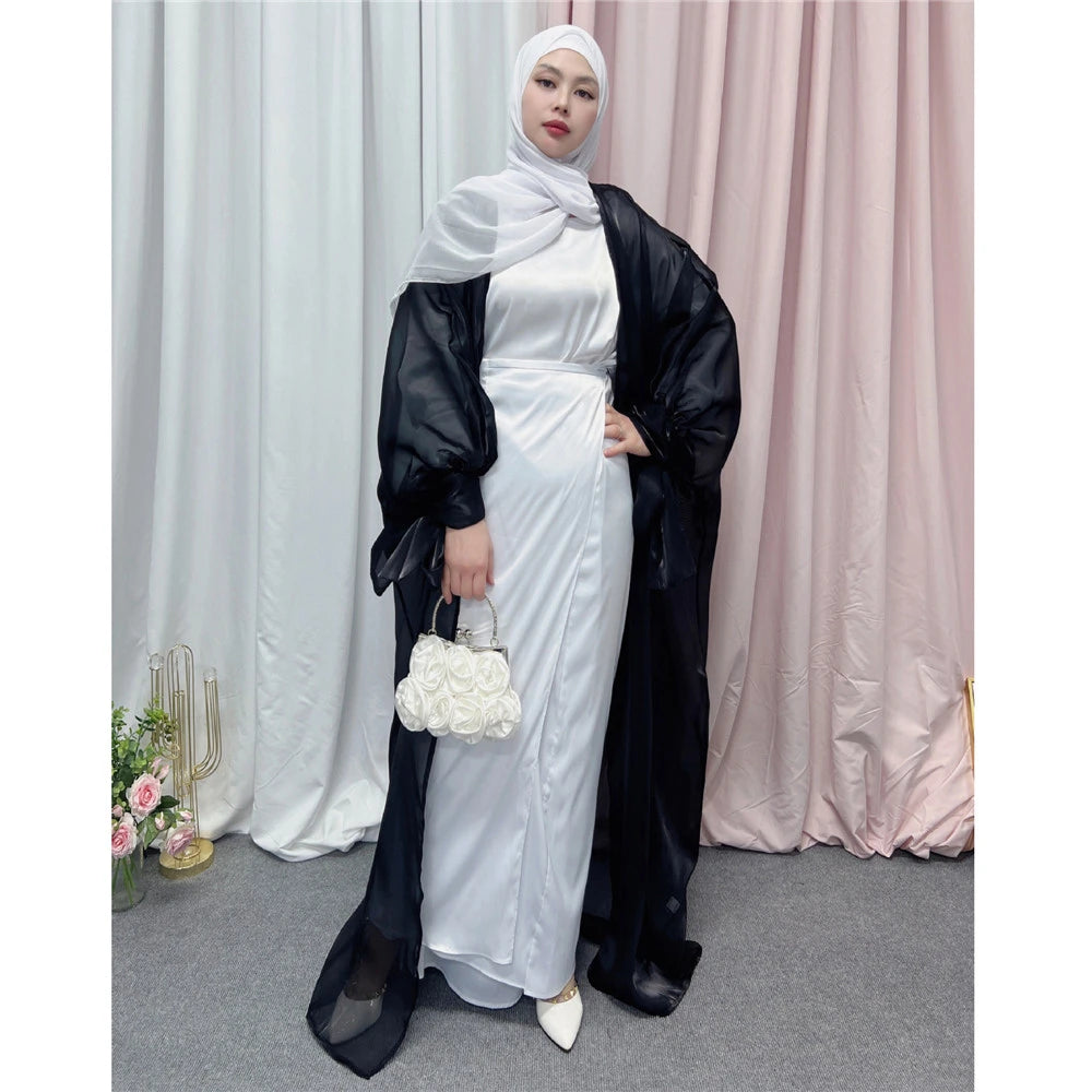 Shiny Satin Open Abaya Dubai Kaftan Women Muslim Kimono Cardigan Islamic Puff Sleeve Caftan Maxi Dress Robe Gown Turkey Jalabiya - Seprincess