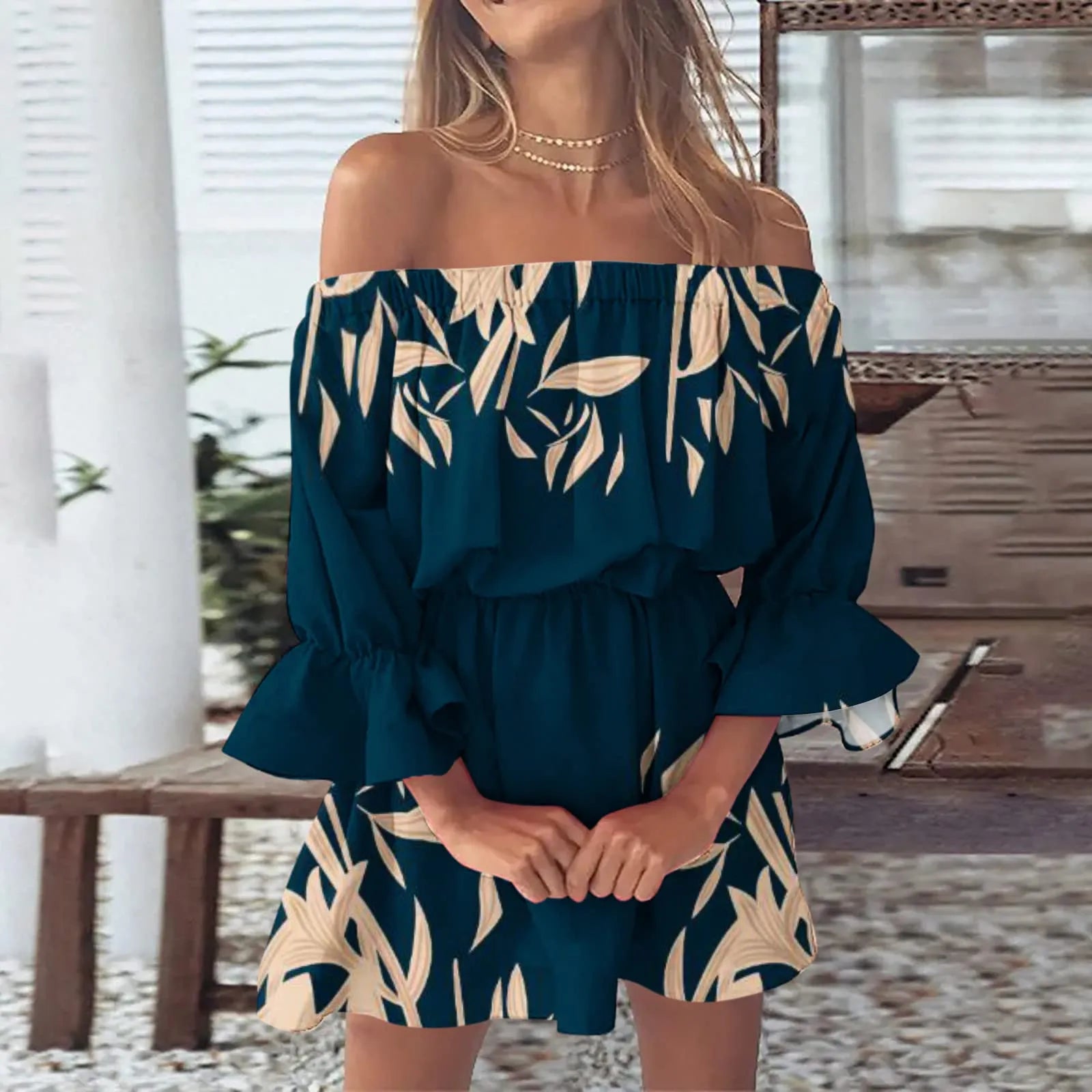 Boho Dresses for Women 2023 Summer Sexy Off Shoulder Floral Print Flare Sleeve Tunic Dress Women Casual Mini Sundress Vestido - Seprincess