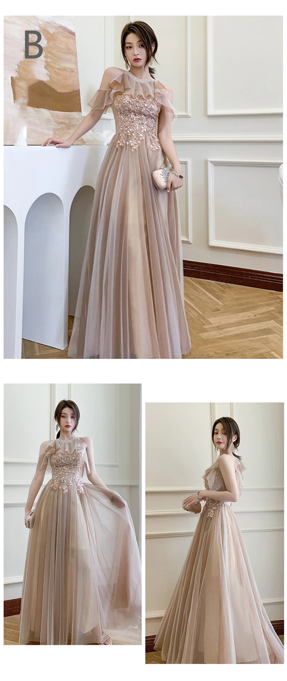 4 styles Champagne Pink Bridesmaid Dress Women's Elegant Off Shoulder Ruffles Sleeves Gown Sequins Flower Applique Vestido - Seprincess