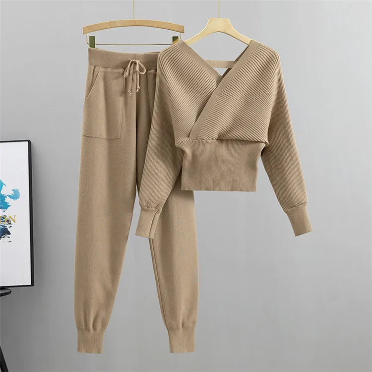 Elegant Tracksuit Sexy Two Piece Set Women Korean Style Ribbed Knitted Backless Top And Long Harem Pant Suit Autumn Outfits y2k - Seprincess