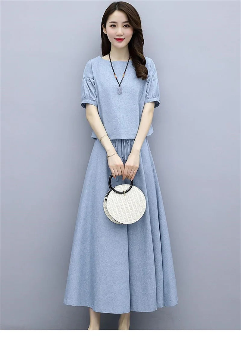 Cotton Linen Skirt Two-Piece Women's Summer 2024 New Set Slim Skirts Sleeve Suit Skirts Fashion 2PCS Temperament Female Outfit - Seprincess