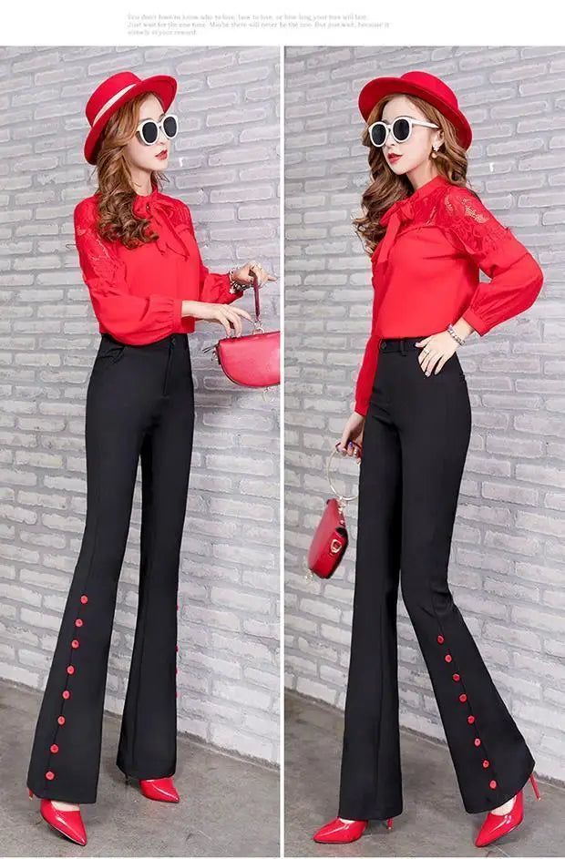 Summer Fashion Simple Slim Straight Flare Pants Women Solid High Waist Button Zipper Pocket Casual Versatile Elastic Trousers