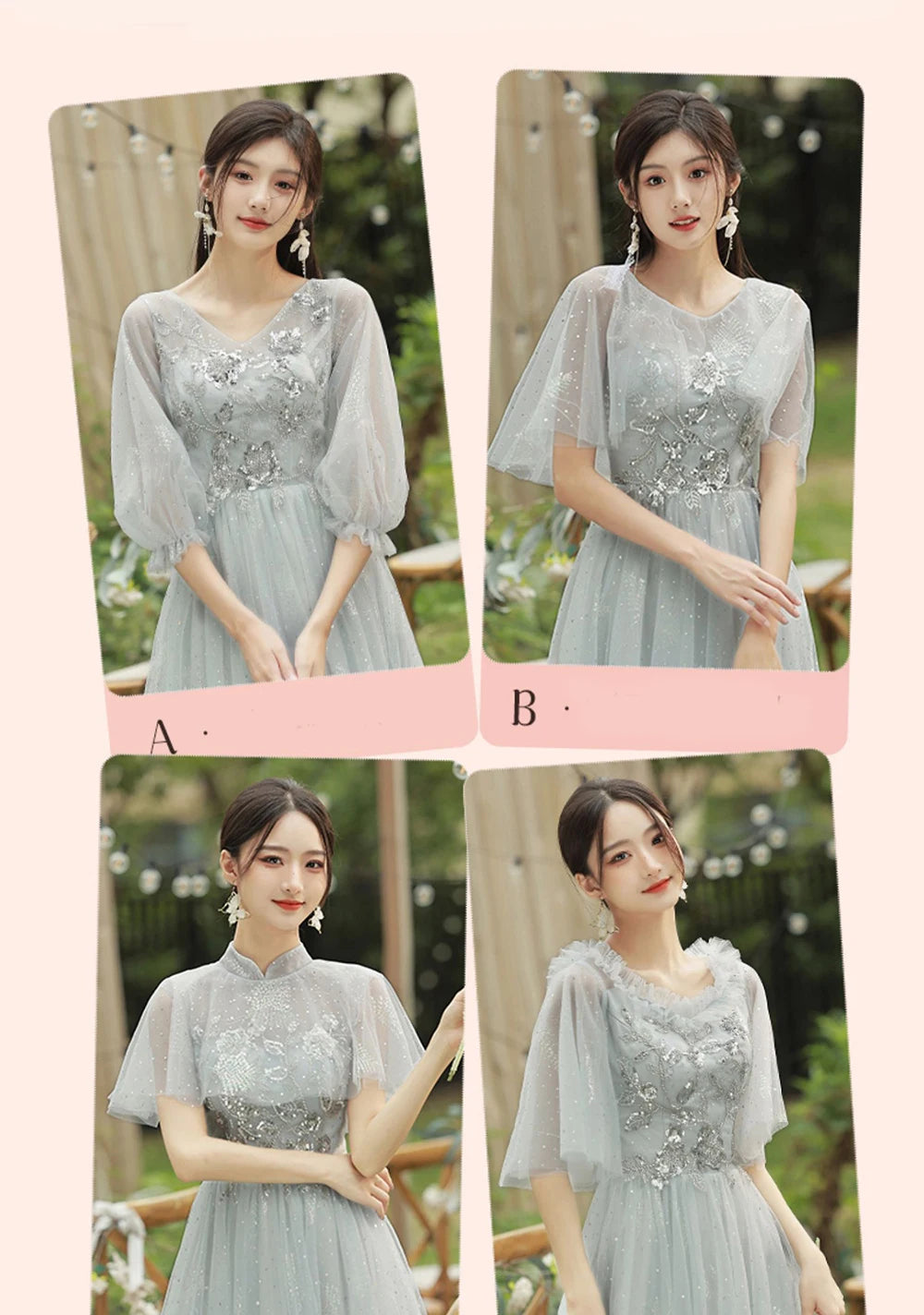 4 Styles Grey Bridesmaid Dress Women's Elegant V-neck Sequins Shawl Collar Slim A-line Gown Light Luxury Wedding Party Vestido - Seprincess