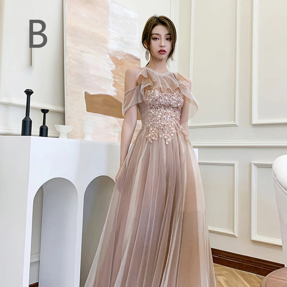 4 styles Champagne Pink Bridesmaid Dress Women's Elegant Off Shoulder Ruffles Sleeves Gown Sequins Flower Applique Vestido - Seprincess