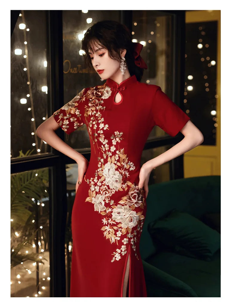 Chinese Bride Wedding Dress Qipao Retro Classic Embroidery Applique Evening Party Dress Cheongsam Sexy Mermaid Split Vestidos - Seprincess